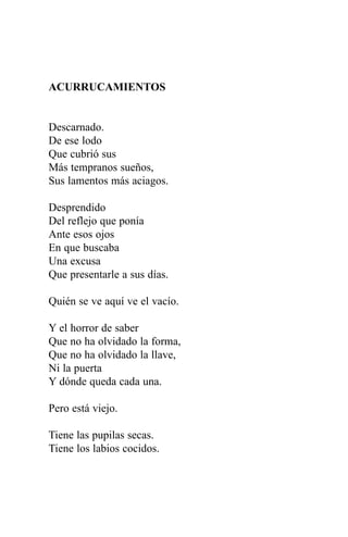 ACURRUCAMIENTOS


Descarnado.
De ese lodo
Que cubrió sus
Más tempranos sueños,
Sus lamentos más aciagos.

Desprendido
Del reflejo que ponía
Ante esos ojos
En que buscaba
Una excusa
Que presentarle a sus días.

Quién se ve aquí ve el vacío.

Y el horror de saber
Que no ha olvidado la forma,
Que no ha olvidado la llave,
Ni la puerta
Y dónde queda cada una.

Pero está viejo.

Tiene las pupilas secas.
Tiene los labios cocidos.
 