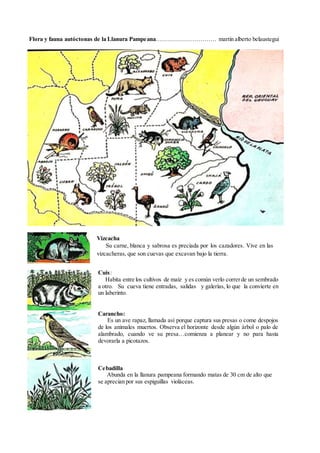 Flora y fauna autóctonas de la Llanura Pampeana………………………… martín alberto belaustegui
o
m
b
ú
Vizcacha
Su carne, blanca y sabrosa es preciada por los cazadores. Vive en las
vizcacheras, que son cuevas que excavan bajo la tierra.
Cuis:
Habita entre los cultivos de maíz y es común verlo correrde un sembrado
a otro. Su cueva tiene entradas, salidas y galerías, lo que la convierte en
un laberinto.
Carancho:
Es un ave rapaz, llamada así porque captura sus presas o come despojos
de los animales muertos. Observa el horizonte desde algún árbol o palo de
alambrado, cuando ve su presa…comienza a planear y no para hasta
devorarla a picotazos.
Cebadilla
Abunda en la llanura pampeana formando matas de 30 cm de alto que
se aprecian por sus espiguillas violáceas.
 