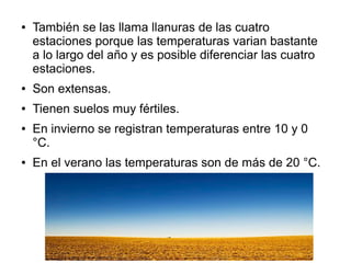 ● También se las llama llanuras de las cuatro
estaciones porque las temperaturas varian bastante
a lo largo del año y es posible diferenciar las cuatro
estaciones.
● Son extensas.
● Tienen suelos muy fértiles.
● En invierno se registran temperaturas entre 10 y 0
°C.
● En el verano las temperaturas son de más de 20 °C.
 