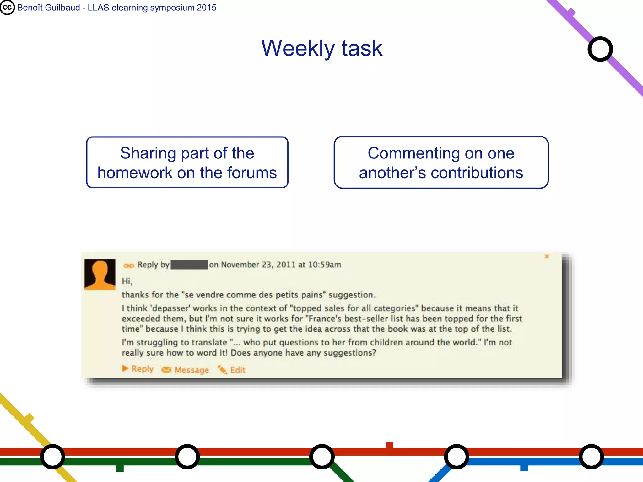 Benoît Guilbaud - LLAS elearning symposium 2015
Sharing part of the
homework on the forums
Commenting on one
another’s contributions
Weekly task
 