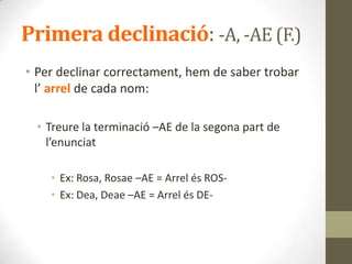 Primera declinació: -A, -AE (F.)
• Per declinar correctament, hem de saber trobar
l’ arrel de cada nom:
• Treure la terminació –AE de la segona part de
l’enunciat
• Ex: Rosa, Rosae –AE = Arrel és ROS-
• Ex: Dea, Deae –AE = Arrel és DE-
 