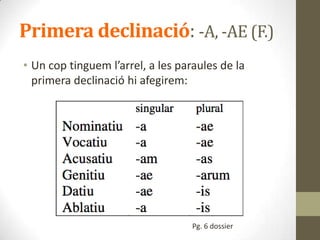 Primera declinació: -A, -AE (F.)
• Un cop tinguem l’arrel, a les paraules de la
primera declinació hi afegirem:
Pg. 6 dossier
 