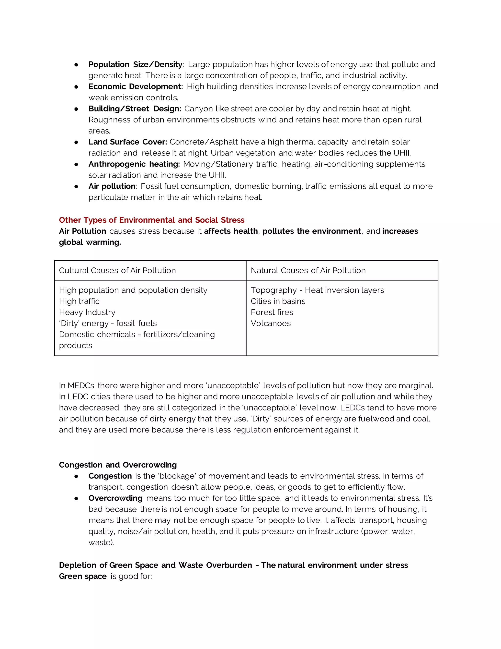 ● Population Size/Density: Large population has higher levels of energy use that pollute and
generate heat. There is a large concentration of people, traffic, and industrial activity.
● Economic Development: High building densities increase levels of energy consumption and
weak emission controls.
● Building/Street Design: Canyon like street are cooler by day and retain heat at night.
Roughness of urban environments obstructs wind and retains heat more than open rural
areas.
● Land Surface Cover: Concrete/Asphalt have a high thermal capacity and retain solar
radiation and release it at night. Urban vegetation and water bodies reduces the UHII.
● Anthropogenic heating: Moving/Stationary traffic, heating, air-conditioning supplements
solar radiation and increase the UHII.
● Air pollution: Fossil fuel consumption, domestic burning, traffic emissions all equal to more
particulate matter in the air which retains heat.
Other Types of Environmental and Social Stress
Air Pollution causes stress because it affects health, pollutes the environment, and increases
global warming.
Cultural Causes of Air Pollution Natural Causes of Air Pollution
High population and population density
High traffic
Heavy Industry
‘Dirty’ energy - fossil fuels
Domestic chemicals - fertilizers/cleaning
products
Topography - Heat inversion layers
Cities in basins
Forest fires
Volcanoes
In MEDCs there were higher and more ‘unacceptable’ levels of pollution but now they are marginal.
In LEDC cities there used to be higher and more unacceptable levels of air pollution and while they
have decreased, they are still categorized in the ‘unacceptable’ level now. LEDCs tend to have more
air pollution because of dirty energy that they use. ‘Dirty’ sources of energy are fuelwood and coal,
and they are used more because there is less regulation enforcement against it.
Congestion and Overcrowding
● Congestion is the ‘blockage’ of movement and leads to environmental stress. In terms of
transport, congestion doesn’t allow people, ideas, or goods to get to efficiently flow.
● Overcrowding means too much for too little space, and it leads to environmental stress. It’s
bad because there is not enough space for people to move around. In terms of housing, it
means that there may not be enough space for people to live. It affects transport, housing
quality, noise/air pollution, health, and it puts pressure on infrastructure (power, water,
waste).
Depletion of Green Space and Waste Overburden - The natural environment under stress
Green space is good for:
 