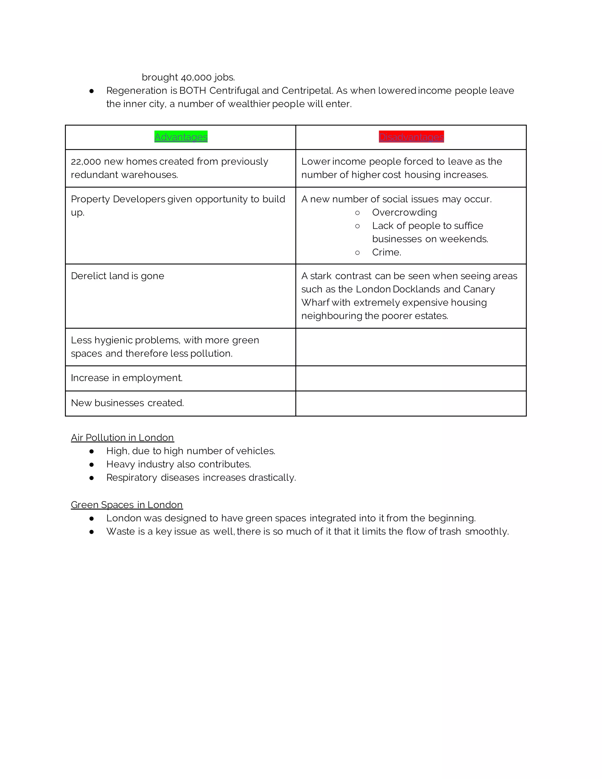 brought 40,000 jobs.
● Regeneration is BOTH Centrifugal and Centripetal. As when loweredincome people leave
the inner city, a number of wealthier people will enter.
Advantages Disadvantages
22,000 new homes created from previously
redundant warehouses.
Lower income people forced to leave as the
number of higher cost housing increases.
Property Developers given opportunity to build
up.
A new number of social issues may occur.
○ Overcrowding
○ Lack of people to suffice
businesses on weekends.
○ Crime.
Derelict land is gone A stark contrast can be seen when seeing areas
such as the London Docklands and Canary
Wharf with extremely expensive housing
neighbouring the poorer estates.
Less hygienic problems, with more green
spaces and therefore less pollution.
Increase in employment.
New businesses created.
Air Pollution in London
● High, due to high number of vehicles.
● Heavy industry also contributes.
● Respiratory diseases increases drastically.
Green Spaces in London
● London was designed to have green spaces integrated into it from the beginning.
● Waste is a key issue as well, there is so much of it that it limits the flow of trash smoothly.
 