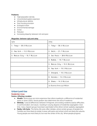 Problems:
● High population density
● Uncontrolled spatial expansion
● Infrastructural deficits
● Poor housing provision
● Ecological strain
● Environmental damage
● Crime
● Pollution
● Increasing disparity between rich and poor
Megacities between 1975 and 2009:
1975 2009
1. Tokyo → 26.6 Million 1. Tokyo → 36.5 Million
2. New York → 15.9 Million 2. Delhi → 21.7 Million
3. Mexico City → 16.7 Million 3. Sao Paulo → 20.0 Million
4. Mumbai → 19.7 Million
5. Mexico City → 19.3 Million
6. New York → 19.3 Million
7. Shanghai → 16.3 Million
8. Kolkata → 15.3 Million
9. Dhaka → 14.3 Million
10. Buenos Aires 13.0 Million
Urban Land Use
Residential Areas
Factors Affecting Location:
● Wealth: Some areas are more expensive than others leading to a difference of residential
areas. In some LEDCs, Social position also determines the area of residence.
● Ethnicity: Cultural differences between immigrants and existing residents lead to difficulties
in communication and values, resulting in varying degrees of residential segregation. Over
time, many migrant groups have been assimilated while others remain spatially segregated.
● Family Life Cycle: The family life cycle often dictates where certain groups of people live.
Families are more likely to reside in areas with parks and school which are likely the suburbs.
Young people are more likely to live near the center of the city. When people progress
 