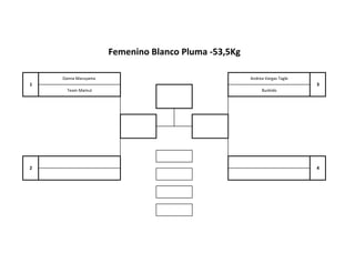 Femenino Blanco Pluma -53,5Kg
1
Danna Maruyama Andrea Vargas Tagle
3
4
Team Mamut Bushido
2