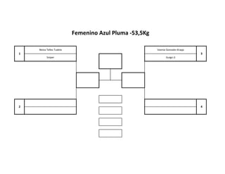 Femenino Azul Pluma -53,5Kg
Neiva Tellez Tudela Vannia Gonzales Krapp
3
Sniper Guigo JJ
2 4
1