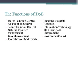 • Water Pollution Control
• Air Pollution Control
• Sound Pollution Control
• Natural Resource
Management
• ECA Management
• Protection of Biodiversity
• Ensuring Biosafety
• Research
• Information Technology
• Monitoring and
Enforcement
• Environment Court
 