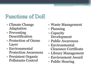 • Climate Change
Adaptation
• Preventing
Desertification
• Protection of Ozone
Layer
• Environmental
Protection Awareness
• Persistent Organic
Pollutants Control
• Waste Management
• Planning
• Capacity
Development
• Public Awareness
• Environmental
Clearance Certificate
• Library Management
• Environment Award
• Public Hearing
 