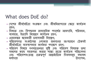 What does DoE do?
• বদনির জীব্বব্শিত্রয সংরক্ষণ এব্ং জীব্শেরাপিার বক্ষনত্র কার্যক্রম্
গ্রহণ;
• শব্ষাি এব্ং শব্পজ্জেক রাসায়শেক পদানথযর আম্দাশে, পশরব্হে,
ব্যব্হার, ইিযাশদ শেয়ন্ত্রনণ কার্যক্রম্ গ্রহণ;
• ওনজােস্তর ক্ষয়কারী দ্রব্যসাম্গ্রী শেয়ন্ত্রণ;
• পশরনব্িগি সংকটাপন্ন এলাকায় জেগনণর অংিগ্রহনণ বটকসই
জীব্বব্শিত্রয ব্যব্স্থাপোয় কার্যকর পদনক্ষপ গ্রহণ;
• পশরনব্ি শব্ষনয় গণসনিিেিা সৃশষ্ট এব্ং পশরনব্ি শব্ষয়ক িথয
সকনলর কানছ সহজলিয করার লনক্ষয প্রিার কার্যক্রম্ পশরিালো
এব্ং পশরনব্িসংক্রান্ত গুরুত্বপূণয আন্তজয াশিক শদব্সসম্ূহ র্থার্থ
ম্র্যাদায় উদযাপে;
 