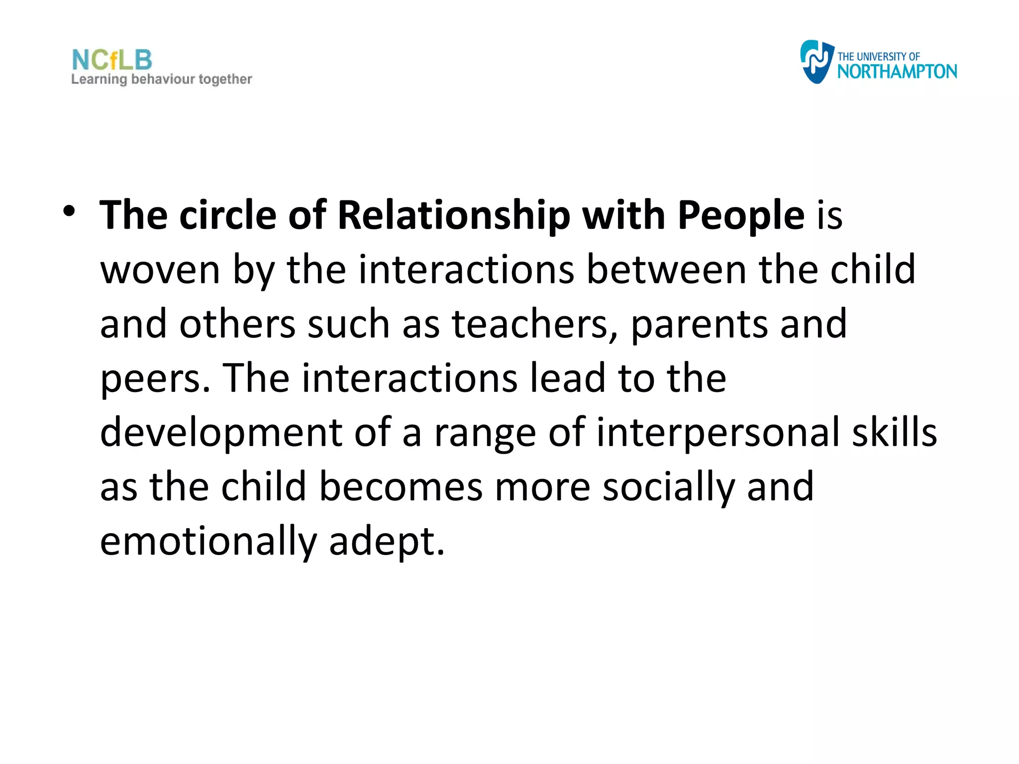 • The circle of Relationship with People is
  woven by the interactions between the child
  and others such as teachers, parents and
  peers. The interactions lead to the
  development of a range of interpersonal skills
  as the child becomes more socially and
  emotionally adept.
 