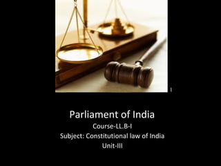 Parliament of India
Course-LL.B-I
Subject: Constitutional law of India
Unit-III
1
 