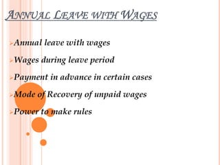 ANNUAL LEAVE WITH WAGES
Annual leave with wages
Wages during leave period
Payment in advance in certain cases
Mode of Recovery of unpaid wages
Power to make rules
 