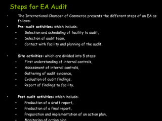 Steps for EA Audit
• The International Chamber of Commerce presents the different steps of an EA as
follows:
• Pre-audit activities: which include:
– Selection and scheduling of facility to audit,
– Selection of audit team,
– Contact with facility and planning of the audit.
• Site activities: which are divided into 5 steps:
– First understanding of internal controls,
– Assessment of internal controls,
– Gathering of audit evidence,
– Evaluation of audit findings,
– Report of findings to facility.
• Post audit activities: which include:
– Production of a draft report,
– Production of a final report,
– Preparation and implementation of an action plan,
 