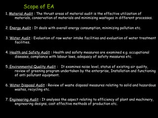 Scope of EA
1. Material Audit : The thrust areas of material audit is the effective utilization of
materials, conservation of materials and minimizing wastages in different processes.
2. Energy Audit : It deals with overall energy consumption, minimizing pollution etc.
3. Water Audit : Evaluation of raw water intake facilities and evaluation of water treatment
facilities.
4. Health and Safety Audit : Health and safety measures are examined e.g. occupational
diseases, compliance with labour laws, adequacy of safety measures etc.
5. Environmental Quality Audit : It examines noise level, status of existing air quality,
review of greening program undertaken by the enterprise, Installation and functioning
of anti pollutant equipment.
6. Water Disposal Audit : Review of waste disposal measures relating to solid and hazardous
wastes, recycling etc.
7. Engineering Audit : It analyses the aspect relating to efficiency of plant and machinery,
engineering designs, cost effective methods of production etc.
 