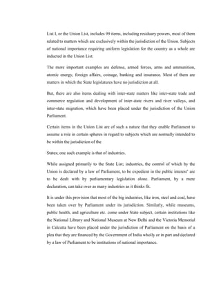 Union List Examples LLB LAW NOTES ON CONSTITUTIONAL LAW OF INDIA | PDF