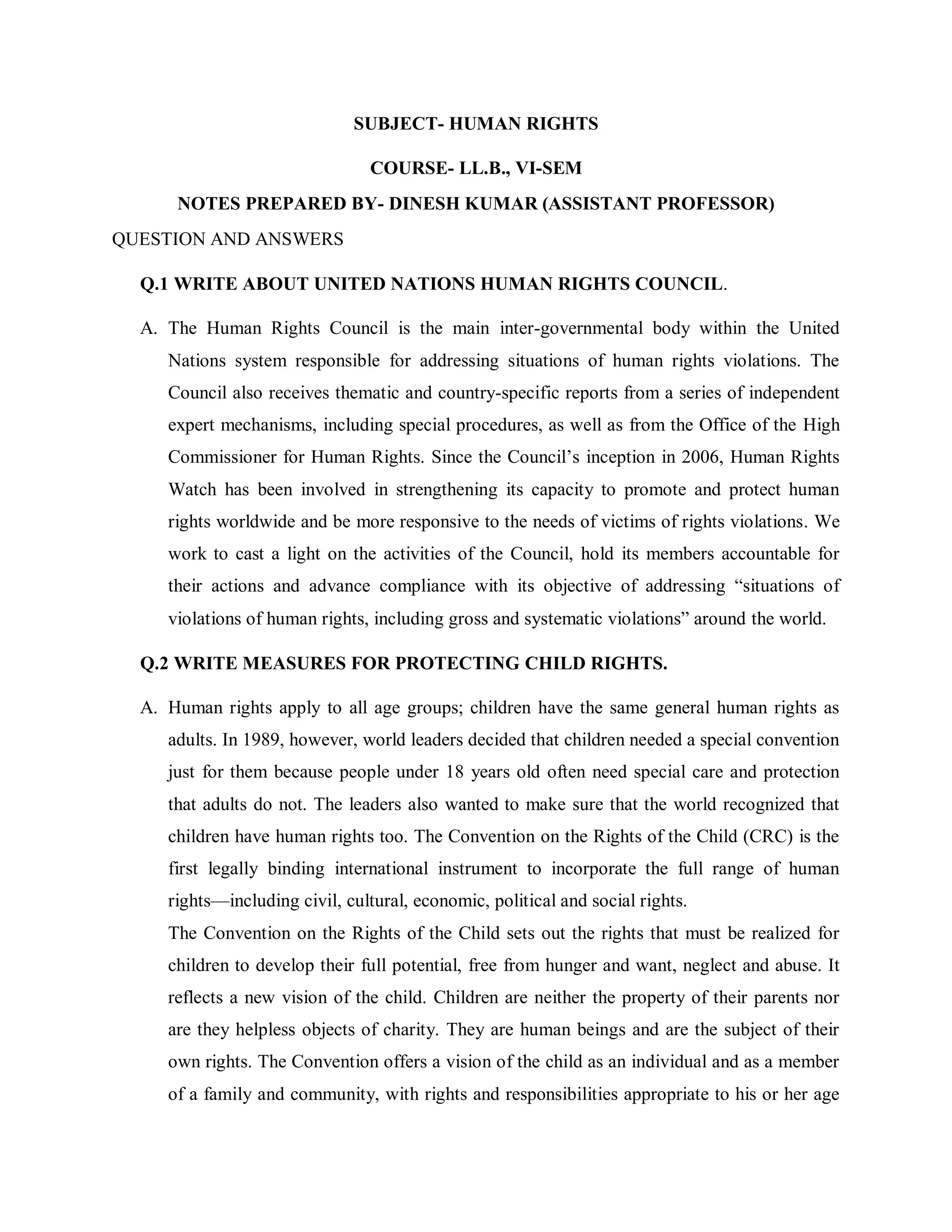 LLB LAW NOTES ON LAW OF HUMAN RIGHTS | PDF