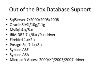 Out of the Box Database SupportSqlServer 7/2000/2005/2008Oracle 8i/9i/10g/11gMySql 4.x/5.xIBM DB2 7.x/8.x /9.x driverFirebird 1.x/2.xPostgreSql 7.4+/8.x Sybase ASESybase ASA Microsoft Access 2000/XP/2003/2007 driver