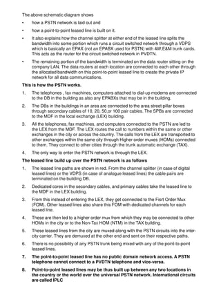 The above schematic diagram shows
• how a PSTN network is laid out and
• how a point-to-point leased line is built on it.
• It also explains how the channel splitter at either end of the leased line splits the
bandwidth into some portion which runs a circuit switched network through a VDPS
which is basically an EPAX (not an EPABX used for PSTN) with 4W,E&M trunk cards.
This acts as the router for the circuit switched network in PVDTN.
• The remaining portion of the bandwidth is terminated on the data router sitting on the
company LAN. The data routers at each location are connected to each other through
the allocated bandwidth on this point-to-point leased line to create the private IP
network for all data communications.
This is how the PSTN works.
1. The telephones , fax machines, computers attached to dial-up modems are connected
to the DB in the building as also any EPABXs that may be in the building.
2. The DBs in the buildings in an area are connected to the area street pillar boxes
through secondary cables of 10, 20, 50,or 100 pair cables. The SPBs are connected
to the MDF in the local exchange (LEX) building.
3. All the telephones, fax machines, and computers connected to the PSTN are led to
the LEX from the MDF. The LEX routes the call to numbers within the same or other
exchanges in the city or across the country. The calls from the LEX are transported to
other exchanges within the same city through Higher order muxes (HOMs) connected
to them. They connect to other cities through the trunk automatic exchange (TAX).to them. They connect to other cities through the trunk automatic exchange (TAX).
4. The only way to enter the PSTN network is through the LEX.
The leased line build up over the PSTN network is as follows
1. The leased line paths are shown in red. From the channel splitter (in case of digital
leased lines) or the VDPS (in case of analogue leased lines) the cable pairs are
terminated on the building DB.
2. Dedicated cores in the secondary cables, and primary cables take the leased line to
the MDF in the LEX building.
3. From this instead of entering the LEX, they get connected to the Fisrt Order Mux
(FOM). Other leased lines also share this FOM with dedicated channels for each
leased line.
4. These are then led to a higher order mux from which they may be connected to other
HOMs in the city or to the Non-Tax HOM (NTM) in the TAX building.
5. These leased lines from the city are muxed along with the PSTN circuits into the inter-
city carrier. They are demuxed at the other end and sent on their respective paths.
6. There is no possibility of any PSTN trunk being mixed with any of the point-to-point
leased lines.
7. The point-to-point leased line has no public domain network access. A PSTN
telephone cannot connect to a PVDTN telephone and vice-versa.
8. Point-to-point leased lines may be thus built up between any two locations in
the country or the world over the universal PSTN network. International circuits
are called IPLC
 
