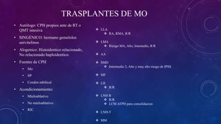TRASPLANTES DE MO
• Autólogo: CPH propios ante de RT o
QMT intesiva
• SINGÉNICO: hermano gemelolos
univitelinos
• Alogenico: Histoidentico relacionado,
No relacionado haploidentico.
• Fuentes de CPH
• Mo
• SP
• Cordón mbilical
• Acondicionamiento:
• Mieloablativo
• No mieloablativo
• RIC
 LLA
 RA, RMA, R/R
 LMA
 Riesgo MA, Alto, Intemedio, R/R
 AA
 SMD
 Intermedio 2, Alto y muy alto riesgo de IPSS
 MF
 LH
 R/R
 LNH B
 R/R
 LCM ATPH para consolidacion
 LNH-T
 MM
 