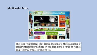 Multimodal Texts
The term ‘multimodal text’ draws attention to the realisation of
closely integrated meanings on the page using a range of modes
(e.g. writing, image, video, colour).
 