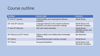 Course outline
Tuesdays Session topic Lecturers
8th
and 15th
January Multimodality and contemporary literacy
practices
Nicole Brown
22nd
and 29th
January Language histories in the context of diverse
linguistic and cultural education settings
Nicole Brown and
Alexandra Georgiou
5th
and 19th
February Film and media education Nicole Brown,
Michelle Cannon and
John Potter
26th
February and 5th
March Digital mobility and collaborative knowledge
building
Ben Bachmair
12th
March Connecting the topics and key concepts Nicole Brown
19th
March Group presentations Nicole Brown and
Alexandra Georgiou
 