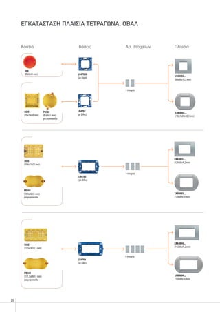 20
504E
(133x74x53,5 mm)
4 στοιχεία
LN4704
(με βίδες)
LNA4804...
(142x86x9,2 mm)
LNB4804...
(150x89x10 mm)
PB502
(Ø 68x51 mm)
για γυψοσανίδα
PB503
(109x68x51 mm)
για γυψοσανίδα
503E
(106x71x52 mm)
ΕΓΚΑΤΑΣΤΑΣΗ ΠΛΑΙΣΙΑ ΤΕΤΡΑΓΩΝΑ, ΟΒΑΛ
2 στοιχεία
LNA4802..
(88x86x10,2 mm)
LNB4802...
(102,9x89x10,3 mm)
3 στοιχεία
LN4703
(με βίδες)
LNA4803...
(120x86x9,2 mm)
LNB4803...
(128x89x10 mm)
PB504
(131,5x68x51 mm)
για γυψοσανίδα
LN4702G
(με νύχια)
502E
(70x70x50 mm)
LN4702
(με βίδες)
Κουτιά Βάσεις Αρ. στοιχείων Πλαίσια
500
(Ø 60x44 mm)
 