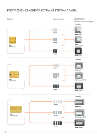 28
2 ΣΤΟΙΧΕΙΩΝ
4 ΣΤΟΙΧΕΙΩΝ
3 ΣΤΟΙΧΕΙΩΝ
24602N - λευκό
24603N - λευκό
ΕΓΚΑΤΑΣΤΑΣΗ ΣΕ ΧΩΝΕΥΤΑ ΚΟΥΤΙΑ ΜΕ ΣΤΕΓΑΝΑ ΠΛΑΙΣΙΑ
Κουτιά Αρ. στοιχείων IDROBOX IP55
πλαίσια στεγανοποίησης
2 στοιχεία
2 στοιχεία
2 στοιχεία
24602
αλουμίνιο RAL7035
24602L γραφίτης
502E
(70x70x50 mm)
503E
(106x71x52 mm)
3 στοιχεία
3 στοιχεία
24603 - αλουμίνιο RAL7035
3 στοιχεία
24603L - γραφίτης
504E
(133x74x53,5 mm) 4 στοιχεία
4 στοιχεία
4 στοιχεία
24604L - γραφίτης
24604N - λευκό
24604 - αλουμίνιο RAL7035
 