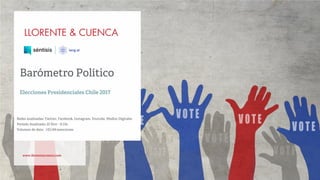 www.llorenteycuenca.com
Barómetro Político
Redes analizadas: Twitter, Facebook, Instagram, Youtube, Medios Digitales
Período Analizado: 22 Nov - 11 Dic
Volumen de data: 143.144 menciones
Elecciones Presidenciales Chile 2017
 
