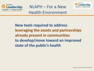 NLAPH – For a New
Health Environment
New tools required to address
leveraging the assets and partnerships
already present ...