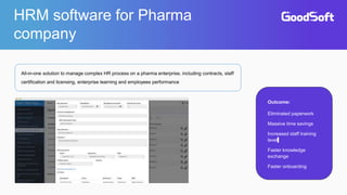 HRM software for Pharma
company
All-in-one solution to manage complex HR process on a pharma enterprise, including contracts, staff
certification and licensing, enterprise learning and employees performance
Outcome:
Eliminated paperwork
Massive time savings
Increased staff training
level
Faster knowledge
exchange
Faster onboarding
 