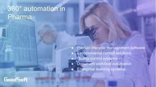 360° automation in
Pharma
● Product lifecycle management software
● Environmental control solutions
● Quality control systems
● Document workflow automation
● Enterprise learning systems
 
