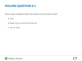 POLLING QUESTION # 1
How many members does the typical LLC you form have?
A. One
B. More than one but less than ten
C. Ten or more
11
 