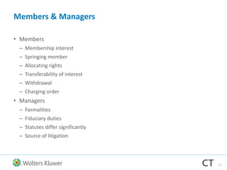 Members & Managers
• Members
– Membership interest
– Springing member
– Allocating rights
– Transferability of interest
– Withdrawal
– Charging order
• Managers
– Formalities
– Fiduciary duties
– Statutes differ significantly
– Source of litigation
12
 