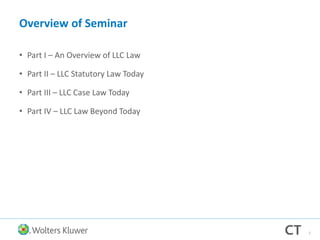 Overview of Seminar
• Part I – An Overview of LLC Law
• Part II – LLC Statutory Law Today
• Part III – LLC Case Law Today
• Part IV – LLC Law Beyond Today
1
 