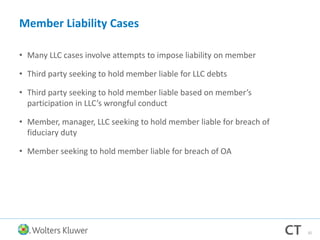 Member Liability Cases
• Many LLC cases involve attempts to impose liability on member
• Third party seeking to hold member liable for LLC debts
• Third party seeking to hold member liable based on member’s
participation in LLC’s wrongful conduct
• Member, manager, LLC seeking to hold member liable for breach of
fiduciary duty
• Member seeking to hold member liable for breach of OA
32
 