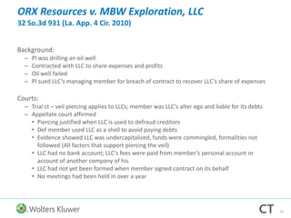 ORX Resources v. MBW Exploration, LLC
32 So.3d 931 (La. App. 4 Cir. 2010)
Background:
– Pl was drilling an oil well
– Contracted with LLC to share expenses and profits
– Oil well failed
– Pl sued LLC’s managing member for breach of contract to recover LLC’s share of expenses
Courts:
– Trial ct – veil piercing applies to LLCs; member was LLC’s alter ego and liable for its debts
– Appellate court affirmed
• Piercing justified when LLC is used to defraud creditors
• Def member used LLC as a shell to avoid paying debts
• Evidence showed LLC was undercapitalized, funds were commingled, formalities not
followed (All factors that support piercing the veil)
• LLC had no bank account; LLC’s fees were paid from member’s personal account or
account of another company of his
• LLC had not yet been formed when member signed contract on its behalf
• No meetings had been held in over a year
35
 