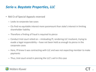 Serio v. Baystate Properties, LLC
• Md Ct of Special Appeals reversed
– Looks to corporate law cases
– Cts find no equitable interest more paramount than state’s interest in limiting
shareholder liability
– Therefore a finding of fraud is required to pierce
– Conduct trial court relied on – misleading Pl, rendering LLC insolvent, trying to
evade a legal responsibility – have not been held as enough to pierce in the
corporate cases
– Here, Pl knew it was contracting with LLC and was not expecting member to make
payments
– Thus, trial court erred in piercing the LLC’s veil in this case
38
 