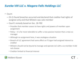 Eureka VIII LLC v. Niagara Falls Holdings LLC
• Court:
– Ch Ct found breaches occurred and declared that creditor had rights of
assignee only and that Milstein was sole member
– Court’s remedy based on Sec. 18-702
• Provides that member ceases to have rights and powers of member upon
assignment
• Policy – it is far more tolerable to suffer a new passive investor than a new co-
manager
• Although no assignment here, it was analogous situation
• Breach of LLC agreement had same affect as if Cogan had assigned interest to
creditor
• Milstein should not be bound to manage and operate LLC with a co-member it did
not choose
• Creditor limited to financial interest
45
 