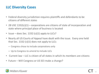 LLC Diversity Cases
• Federal diversity jurisdiction requires plaintiffs and defendants to be
citizens of different states
• 28 USC 1332(c)(1) – corporations are citizens of state of incorporation and
state where principal place of business is located
• Issue – does Sec. 1332 (c)(1) apply to LLCs?
• Nearly all US Courts of Appeal have dealt with the issue. Every one held
that Sec. 1332 (c)(1) does not apply to LLCs
– Congress chose to include corporations only
– Up to Congress to amend to include LLCs
• Current law – LLC is citizen of all states in which its members are citizens
• Future – Will Congress or US SCt make a change?
55
 