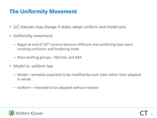 The Uniformity Movement
• LLC statutes may change if states adopt uniform and model acts
• Uniformity movement
– Began at end of 19th century because different and conflicting laws were
creating confusion and hindering trade
– Main drafting groups – NCCUSL and ABA
• Model vs. uniform law
– Model – template expected to be modified by each state rather than adopted
in whole
– Uniform – intended to be adopted without revision
60
 