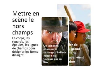 Mettre	en	
scène	le	
hors	
champs	
Le	corps,	les	
regards,	les	
épaules,	les	lignes	
de	champs	pour	
désigner	les	items	
#insight		
 