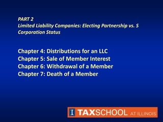 PART 2
Limited Liability Companies: Electing Partnership vs. S
Corporation Status
Chapter 4: Distributions for an LLC
Chapter 5: Sale of Member Interest
Chapter 6: Withdrawal of a Member
Chapter 7: Death of a Member
 