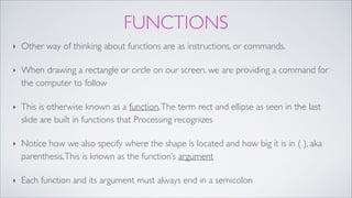 FUNCTIONS
‣ Other way of thinking about functions are as instructions, or commands. !
‣ When drawing a rectangle or circle on our screen, we are providing a command for
the computer to follow!
‣ This is otherwise known as a function.The term rect and ellipse as seen in the last
slide are built in functions that Processing recognizes!
‣ Notice how we also specify where the shape is located and how big it is in ( ), aka
parenthesis.This is known as the function’s argument !
‣ Each function and its argument must always end in a semicolon
 