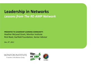 Leadership in Networks
Lessons from The RE-AMP Network



PRESENTED TO LEADERSHIP LEARNING COMMUNITY:
Heather McLeod Grant, Monitor Institute
Rick Reed, Garfield Foundation, Senior Advisor

Dec. 6th, 2011
 