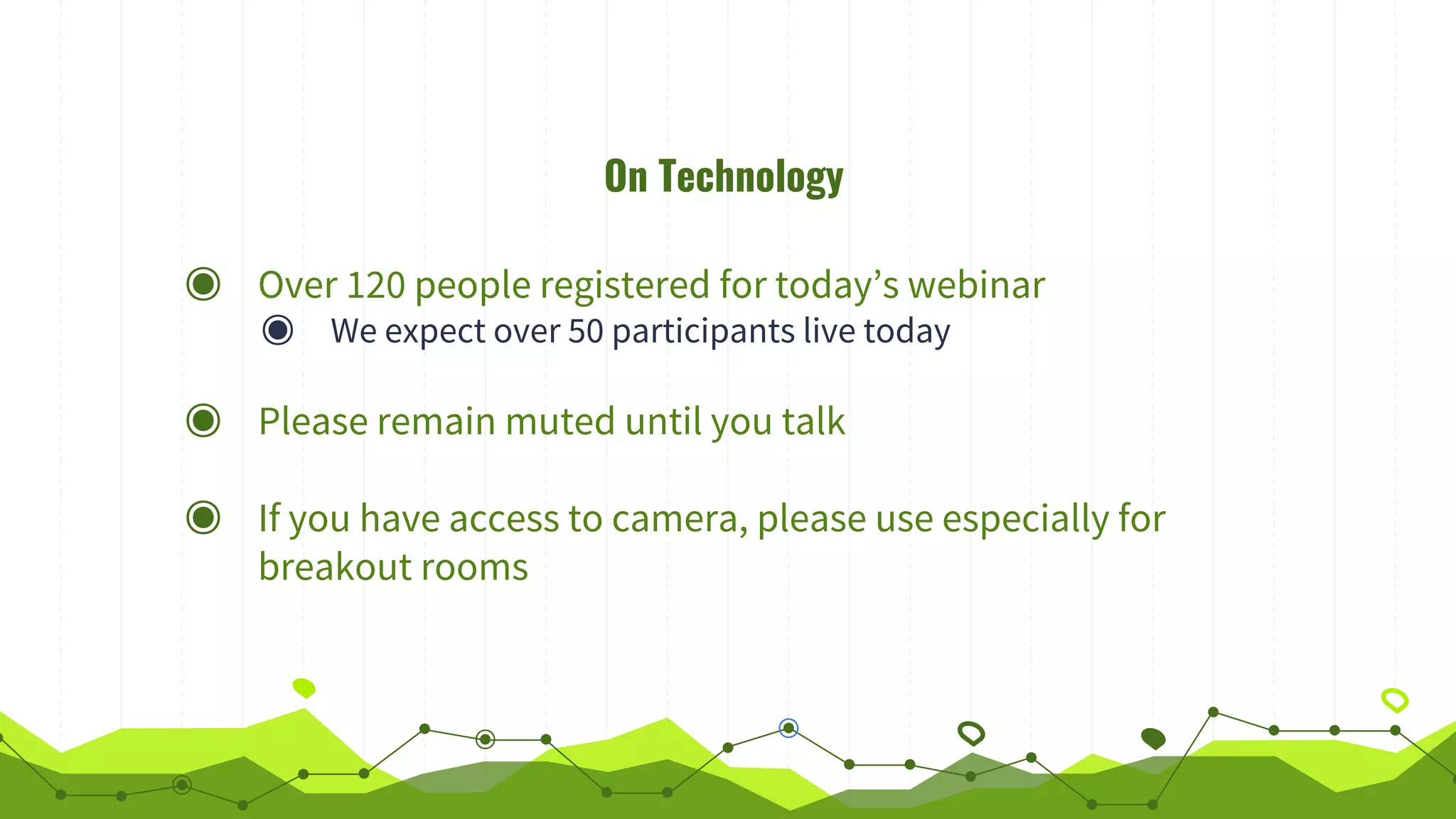 On Technology
◉ Over 120 people registered for today’s webinar
◉ We expect over 50 participants live today
◉ Please remain muted until you talk
◉ If you have access to camera, please use especially for
breakout rooms
 