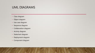 UML DIAGRAMS
• Class diagram
• Object diagram
• Use case diagram
• Sequence diagram
• Collaboration diagram
• Activity diagram
• Statechart diagram
• Deployment diagram
• Component diagram
 