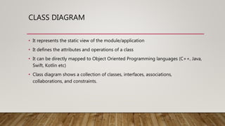 CLASS DIAGRAM
• It represents the static view of the module/application
• It defines the attributes and operations of a class
• It can be directly mapped to Object Oriented Programming languages (C++, Java,
Swift, Kotlin etc)
• Class diagram shows a collection of classes, interfaces, associations,
collaborations, and constraints.
 