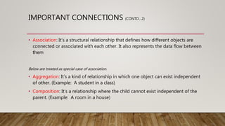 IMPORTANT CONNECTIONS (CONTD…2)
• Association: It’s a structural relationship that defines how different objects are
connected or associated with each other. It also represents the data flow between
them
Below are treated as special case of association.
• Aggregation: It’s a kind of relationship in which one object can exist independent
of other. (Example: A student in a class)
• Composition: It’s a relationship where the child cannot exist independent of the
parent. (Example: A room in a house)
 