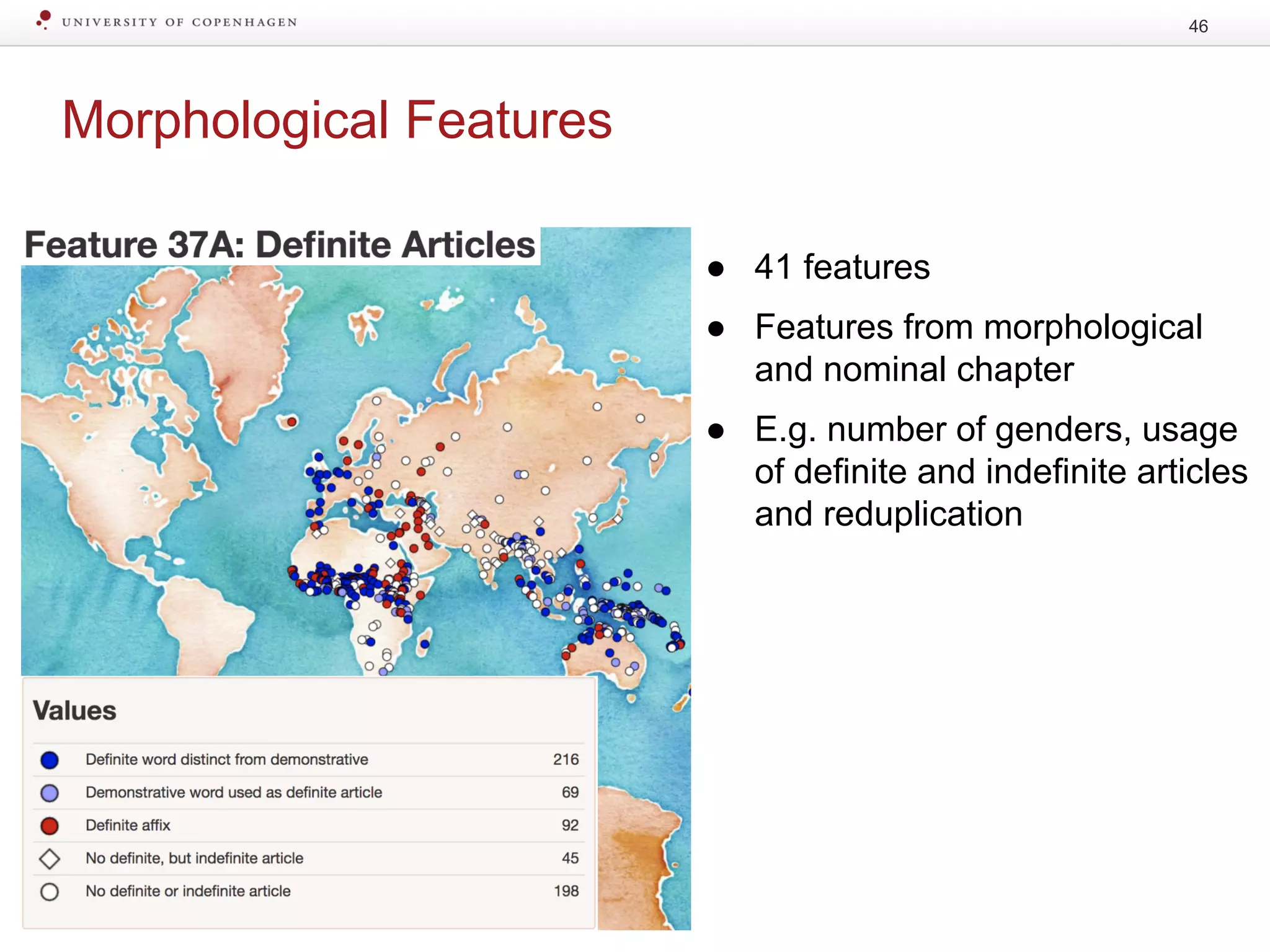 Morphological Features
46
● 41 features
● Features from morphological
and nominal chapter
● E.g. number of genders, usage
of definite and indefinite articles
and reduplication
 